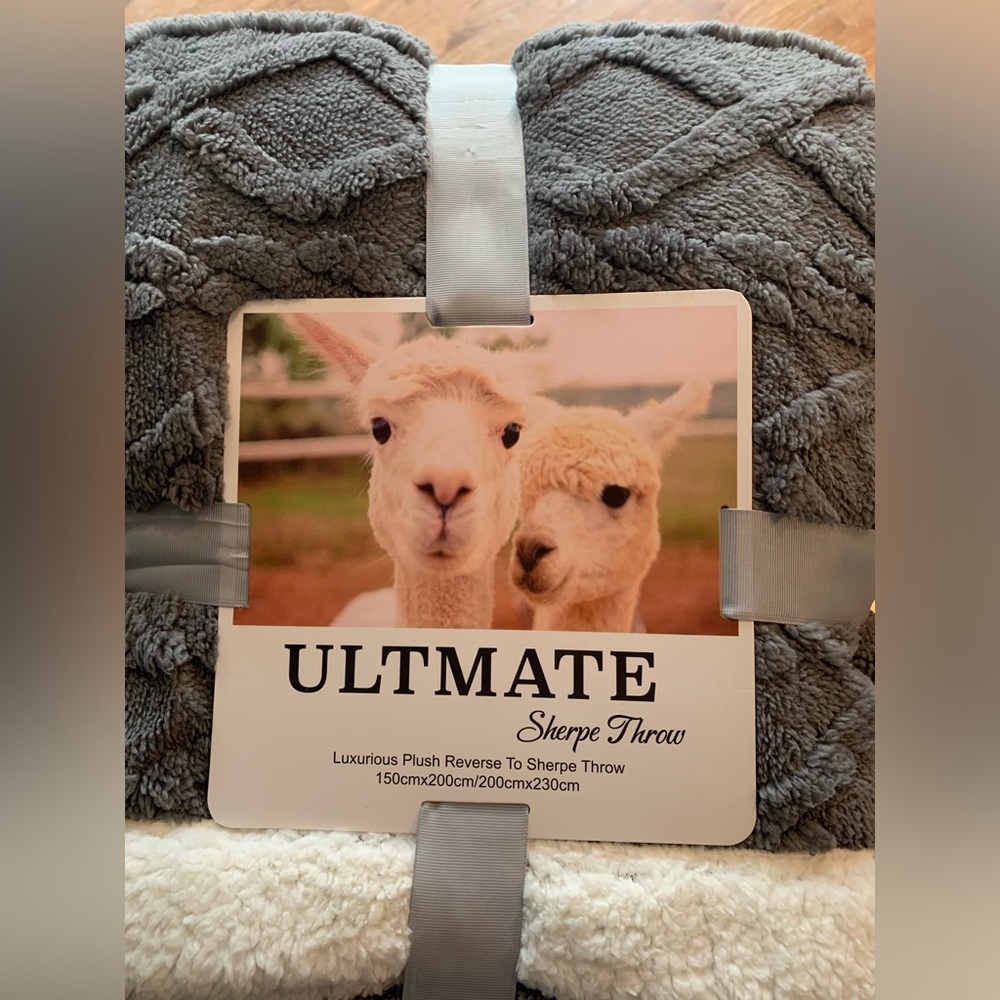 NWT Sherpe Tuff Cashmere Throw- grey with white trim